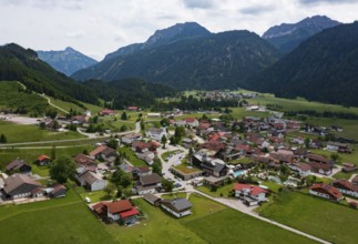 Drone image, view of the village, Grän, Tannheimer Tal, Reutte district, Tyrol, Austria