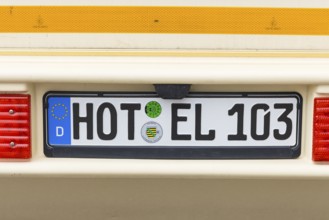 Caravan with the funny licence plate HOTEL in Hohenstein- Ernstthal, Saxony, Germany