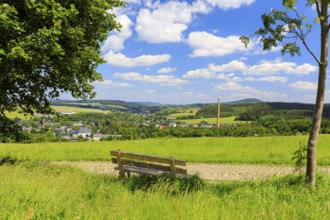 View of Cranzahl, in the background Annaberg-Buchholz and Pöhlberg, Erzgebirge, Saxony, Germany