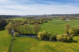 Wet meadows at the confluence or source of the Main, Main valley, Melkendorf near Kulmbach, aerial