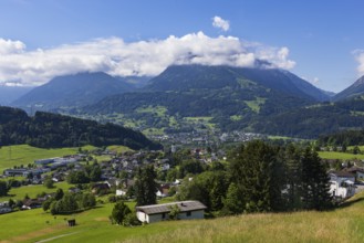View of the village with parish church, Göfis, Walgau, Vorarlberg, Austria