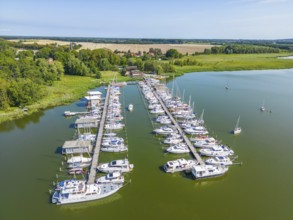 Aerial view, drone photo: Yachts in Krummin natural harbour, Krumminer Wiek on the Peene River,