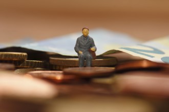 Miniature man sitting on euro coins, twenty euro note in the background, North Rhine-Westphalia,