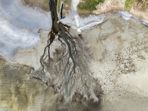 Aerial photograph, top down view of the Mühlbach at low water, which flows from the Mindelsee into
