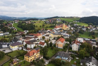 Drone image, view of village with parish church, Münzbach, Mühlviertel, Upper Austria, Austria