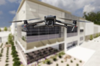 Unmanned aircraft system quadcopter drone UAV in the air near corporate industrial building