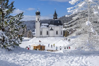 Seekirchl with artificial winter fir tree in winter, Seefeld, Seefeld Plateau, Tyrol, Austria