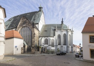 Freiberg Cathedral from the south, exterior view with Untermarkt, Freiberg, Saxony, Germany