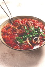 Chashushuli, a traditional Georgian dish, spicy, stewed meat with tomatoes and spices, homemade, no
