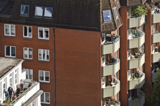 City view from above of apartment blocks with balconies, Hamburg, Germany