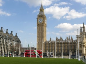 Big Ben, Houses of Parliament, Westminster, London, England, UK from Parliament Square Garden red