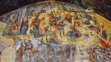 Historical fresco painting depicting a complex religious scene, Asklipio village, Asklipion,