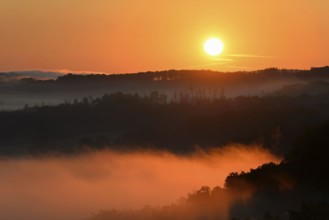 Sunrise, fog rising over the Arnsberg Forest nature park Park, North Rhine-Westphalia, Germany
