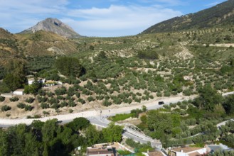 Green hills and a village on a winding road, surrounded by lush natural scenery, near Bedmar y