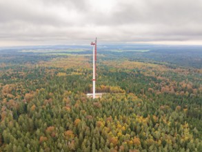 A wind power tower rises above an autumnal forest, shrouded in mist, into a wide landscape, wind