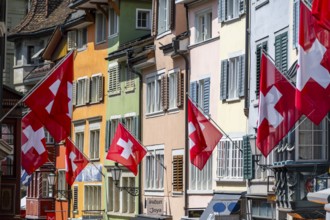 Swiss flag in the old town, Zurich, Switzerland