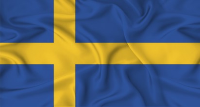 Realistic Sweden flag waving. Close up of flag of Sweden with cloth texture