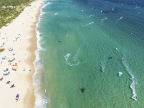 Kite surfers at the Valdevaqueros beach near Tarifa. Aerial view. Drone shot. Cádiz province,