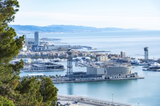 View of the Old Harbour and the sea from Montjuic in Barcelona, Spain