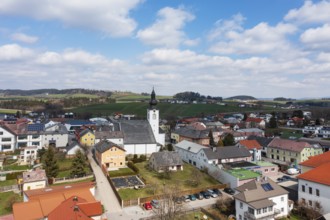 Drone image, view of the town, Lembach im Mühlkreis, Mühlviertel, Upper Austria, Austria