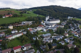 Drone image, view of the village with Cistercian monastery Schlierbach, Schlierbach, Traunviertel,