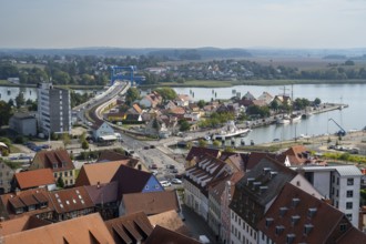 Town view with castle island, Peene river and Peene bridge, view from the tower of St Peter's