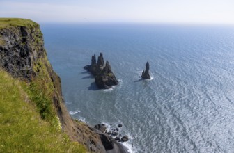 Cliff, rock Reynisdrangar in the water, on Reynisfjara beach, Vik, South Iceland, Iceland