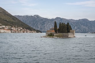 Monastery island Sveti Ðorde, German St George, on the left the village of Perast, Bay of Kotor,