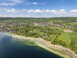 Aerial view of Lake Rhine, Untersee, Lake Constance with the lido and the village of Öhningen on