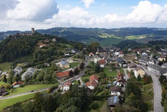 Drone shot, view of the town, Waxenberg castle ruins, Waxenberg, Mühlviertel, Upper Austria,