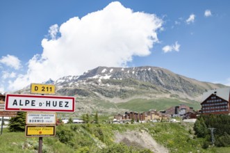 The Alpe d'Huez ski resort in the French Alps, Isère department, Auvergne-Rhône-Alpes region,