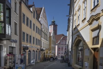 Historic houses in the Marktgasse, behind the town hall tower, Eichstätt, Upper Bavaria, Germany
