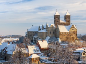 View of the snow-covered Schlossberg with St Servatius collegiate church and castle and the