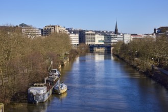 River Saar, riverbank, footpath and cycle path, ship, bare trees, general architecture, car and