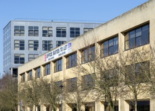 Office block space to let sign, Milton Keynes Central, Buckinghamshire, England, UK