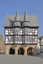 Historic town hall built in 1516 with turrets and decorations, market square, Alsfeld, Vogelsberg,