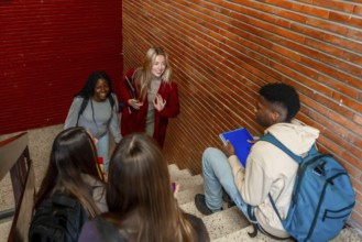 Multi ethnic students walking down the stairs and greeting a classmate sitting on the steps