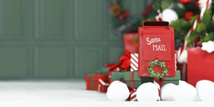 Christmas banner with red santa mail box in front of tree with green background with copy space