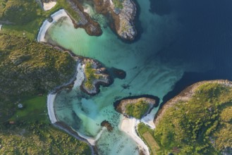 Aerial view of the coast of the island of Skrova, beaches and turquoise water, Lofoten, Norway