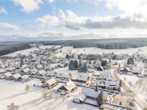 Snow-covered village surrounded by trees and fields under a blue sky, Oberreichenbach, Black