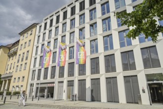Rainbow flag, Deutsche Bank, Otto-Suhr-Allee, Charlottenburg, Berlin, Germany