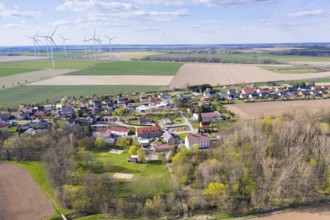 Aerial view of Grubnitz, in the background the village of Mautitz and wind turbines, Stauchitz,