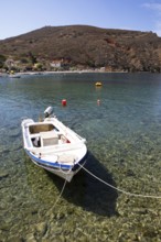 Motorboat in Porto Kagio on the Laconian Gulf, Mani, Laconia, Peloponnese, Greece