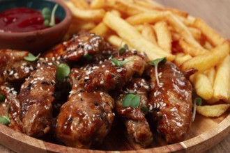 Barbecue chicken wings, sprinkled with sesame seeds, with French fries, and sauce, on a wooden