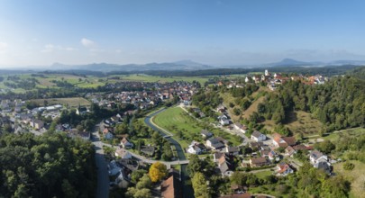 Aerial view, panorama of the town of Aach in Hegau, with the Radolfzeller Aach, which flows into