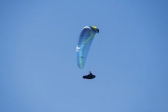 A paraglider soars through a clear blue sky that promises adventure and freedom, Schwangau near