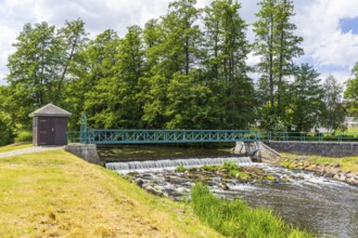 Weir on the Große Röder near Wildenhain, Großenhain, Saxony, Germany
