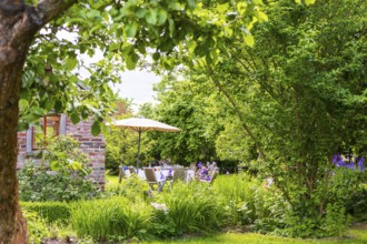 Natural garden with table and parasol, Saxony, Germany