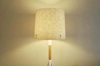 A stylish lamp with a beige fabric shade casting a soft warm light on the wall in the room