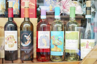 Sicilian wine bottles on display, Taormina, Sicily, Italy